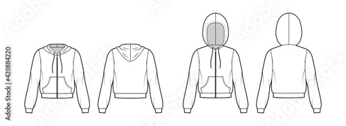 Set of Zip-up Hoody sweatshirt technical fashion illustration with long sleeves, relax body, kangaroo pouch, banded hem. Flat apparel template front, back, white color. Women, men, unisex CAD mockup