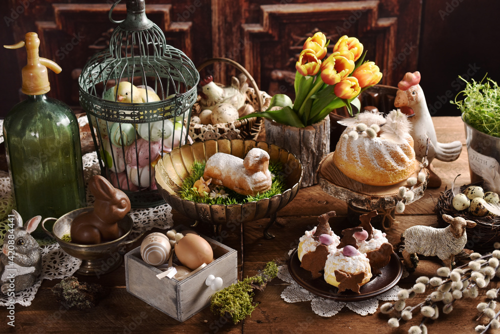 Rustic style Easter table with traditional pastries
