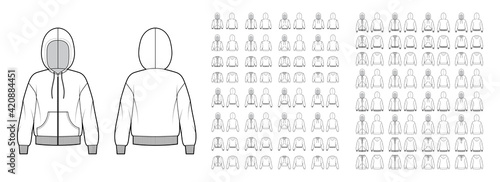 Set of Zip-up Hoody sweatshirt technical fashion illustration with long sleeves, oversized body, kangaroo pouch, knit cuff, banded hem. Flat template front, back, white color. Women, men, unisex CAD
