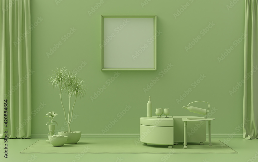 Single Frame Gallery Wall in light green color monochrome flat room with single chair and plants, 3d Rendering Single Frame Gallery Wall in light green color monochrome flat room with single chair and plants, 3d Rendering