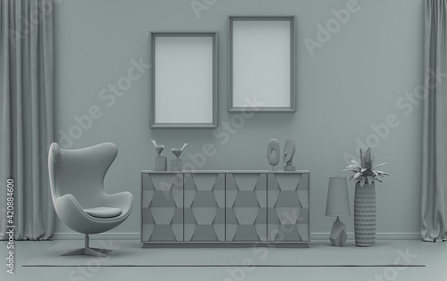 Double Frames Gallery Wall in ash gray color monochrome flat room with furnitures and plants  3d Rendering