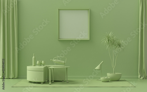 Single Frame Gallery Wall in light green color monochrome flat room with furnitures and plants, 3d Rendering