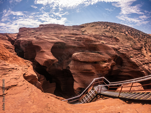 Steel steps as entry to sandstone canyon of antelope navajo national park