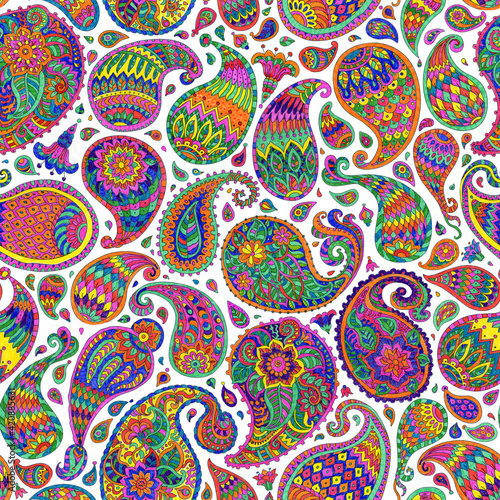 Floral seamless pattern of Paisley with fantastic flowers, leaves. Bright red, pink, blue, green, yellow, turquoise colors on a white background. Textile bohemian style print. Batik painting