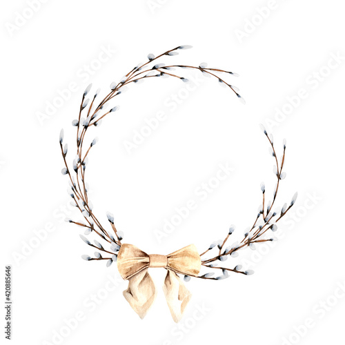 Willow wreath decorated with beige bow on white background