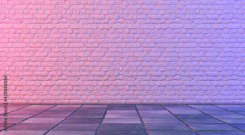 White brick wall illuminated red and blue lights for background. 3d illustration