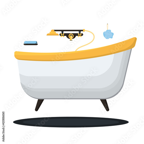 Bathtub isolated on a white background. Bathtub with a tap and accessories on slender legs. Modern trendy design. Bath tub vector illustration in flat style.