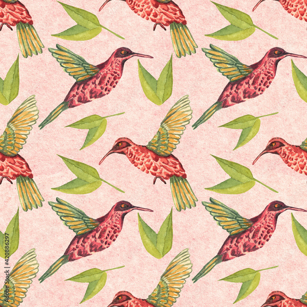 Obraz premium Watercolor seamless pattern. Botanical background with hummingbirds, leaves, branches and herbs. Design elements, birds. Perfect for textile, packing, fabric, invitations, cards.