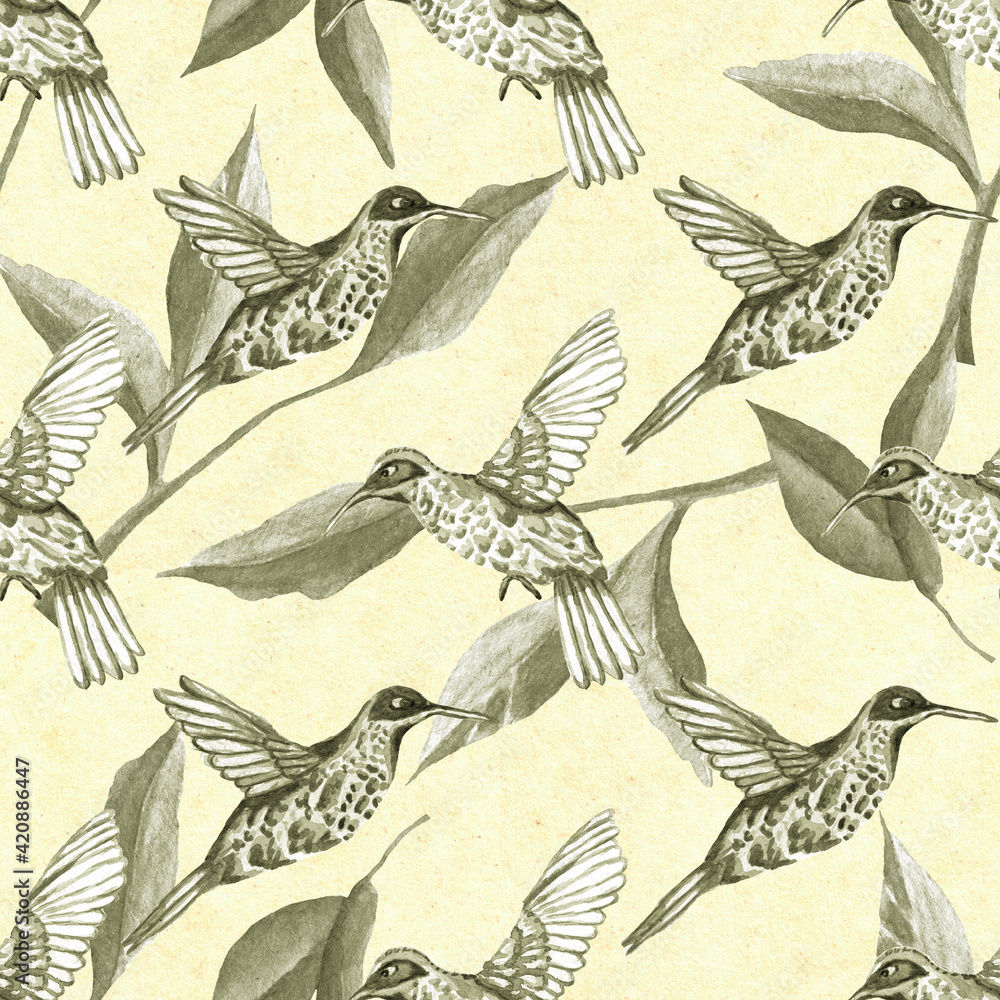 Watercolor seamless pattern. Botanical background with hummingbirds, leaves, branches and herbs. Design elements, birds. Perfect for textile, packing, fabric, invitations, cards. Watercolor seamless pattern. Botanical background with hummingbirds, leaves, branches and herbs. Design elements, birds. Perfect for textile, packing, fabric, invitations, cards.