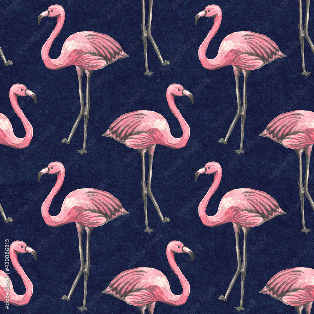 Obraz premium Seamless tropical pattern with pink flamingo on dark background. Watercolor background. Design for wallpaper, textile design, packing, textile, fabric.