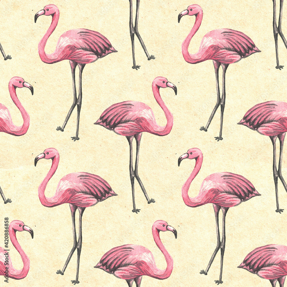 Fototapeta premium Seamless tropical pattern with pink flamingo on yellow. Watercolor background. Design for wallpaper, textile design, packing, textile, fabric. 