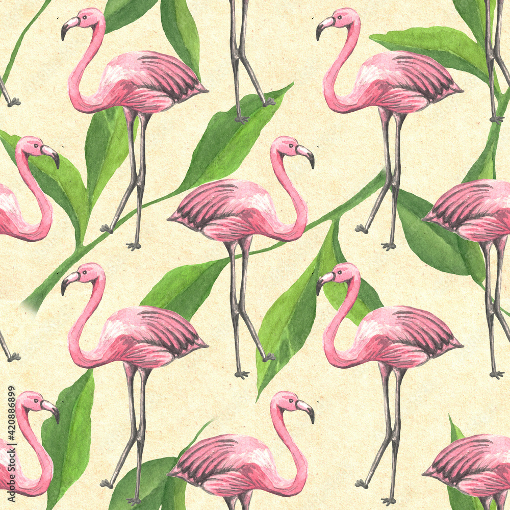 Obraz premium Seamless tropical pattern with pink flamingo, leaves. Watercolor background. Design for wallpaper, textile design, packing, textile, fabric. 