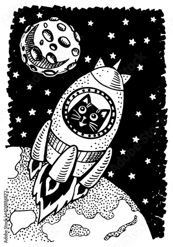 Children's Illustration Black Cat-Astronaut Flies on the Moon