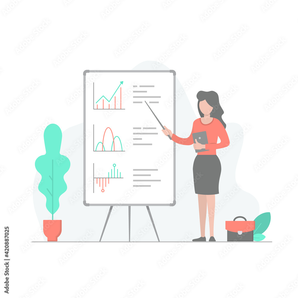 Woman pointing at presentation board, Vector flat illustration Woman pointing at presentation board, Vector flat illustration