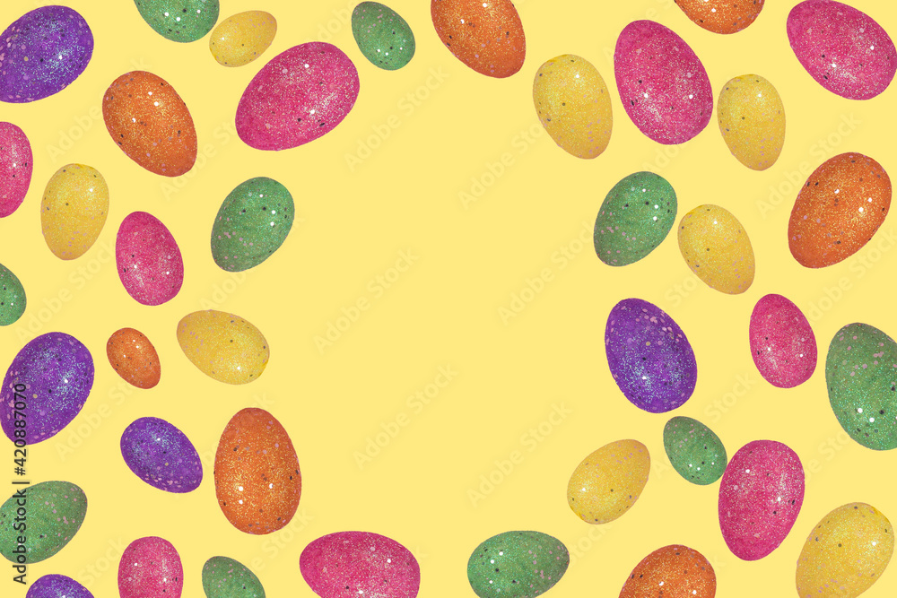 Trendy Easter layout made of flying colorful eggs on illuminating yellow background. Trendy Easter layout made of flying colorful eggs on illuminating yellow background.