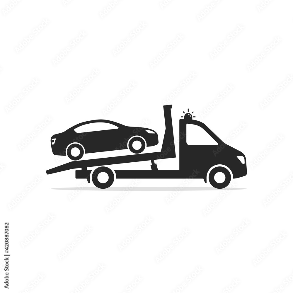 Tow truck icon, Towing truck van with car sign. Vector isolated flat sign
