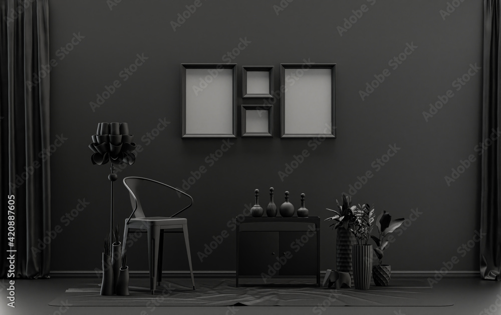 Single color monochrome black and dark gray color interior room with furnitures and plants,  4 poster frames on the wall, 3D rendering