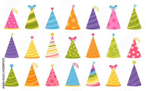 Cartoon set of colorful birthday caps for celebration design. Party hat set isolated on a white background