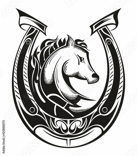 Lucky horseshoe  in tattoo style isolated on white background. Design element for poster, t shit, card, emblem, sign, badge.  ector illustration.