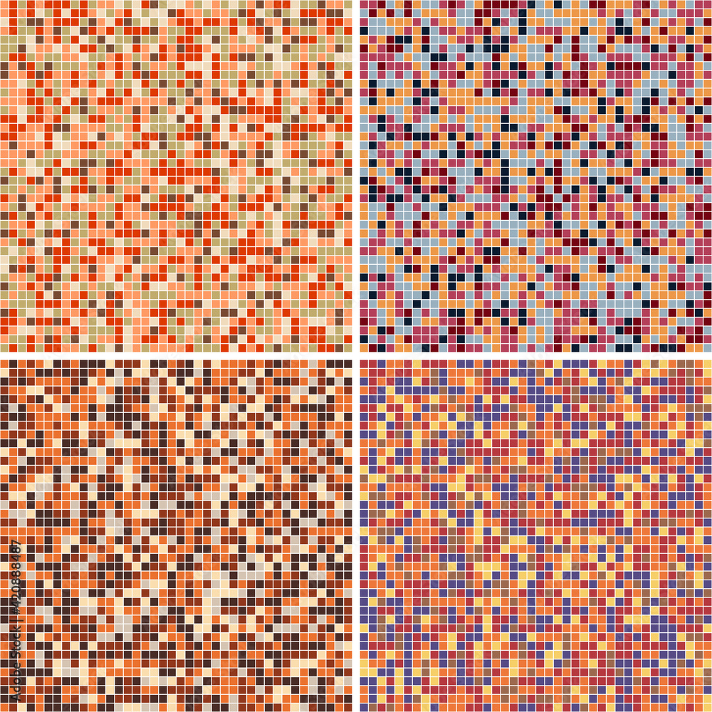 Fototapeta premium Set of seamless patterns. Mosaic of small squares. Abstract geometric background. Retro colors. 