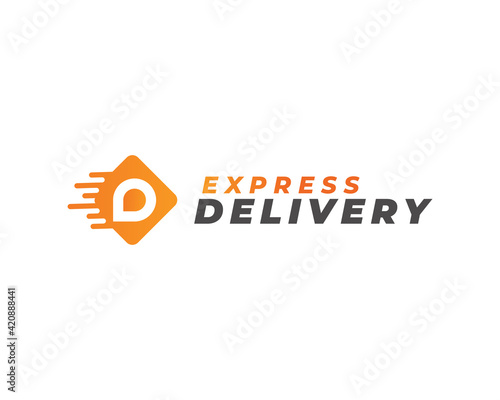 Creative Initial Letter D Logo. Orange Shape D Letter with Fast Shipping Delivery Truck Icon. Usable for Business and Branding Logos. Flat Vector Logo Design Ideas Template Element. Eps10 Vector