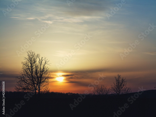 Silhouette tree with sunset.Beautiful blazing sunset landscape at over the meadow and orange sky above it.Amazing sunset and sunrise.Nature sunset/sunrise landscape with silhouette tree..