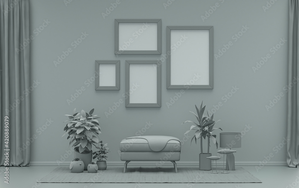 Obraz premium Interior room in plain monochrome ash gray color, 4 frames on the wall with furnitures and plants, for poster presentation, Gallery wall. 3D rendering