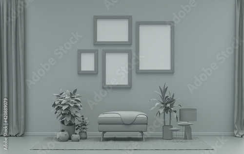 Interior room in plain monochrome ash gray color, 4 frames on the wall with furnitures and plants, for poster presentation, Gallery wall. 3D rendering © markOfshell