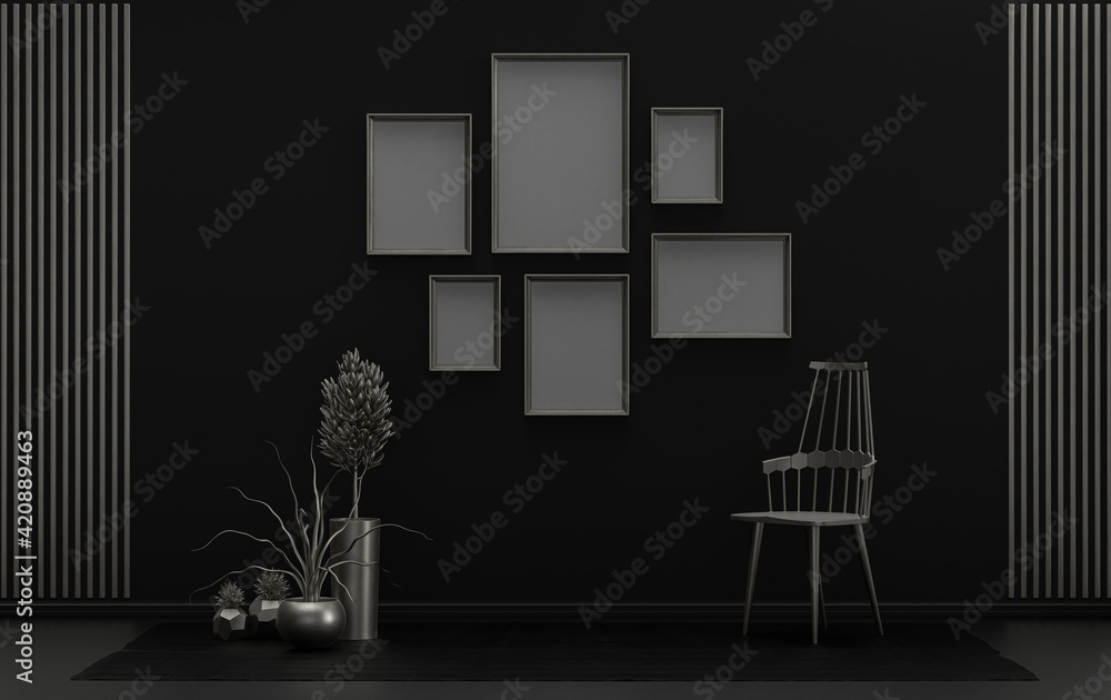 Poster frame background room in flat black and metallic silver color with 6 frames on the wall, solid monochrome background for gallery wall mockup, 3d rendering Poster frame background room in flat black and metallic silver color with 6 frames on the wall, solid monochrome background for gallery wall mockup, 3d rendering