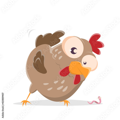 funny cartoon hen looking at an earthworm