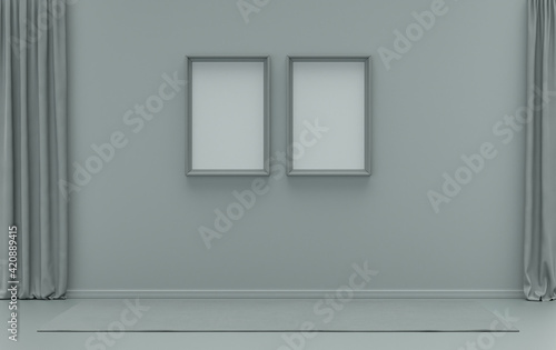 Double Frames Gallery Wall in ash gray color monochrome flat room without furniture and empty, 3d Rendering