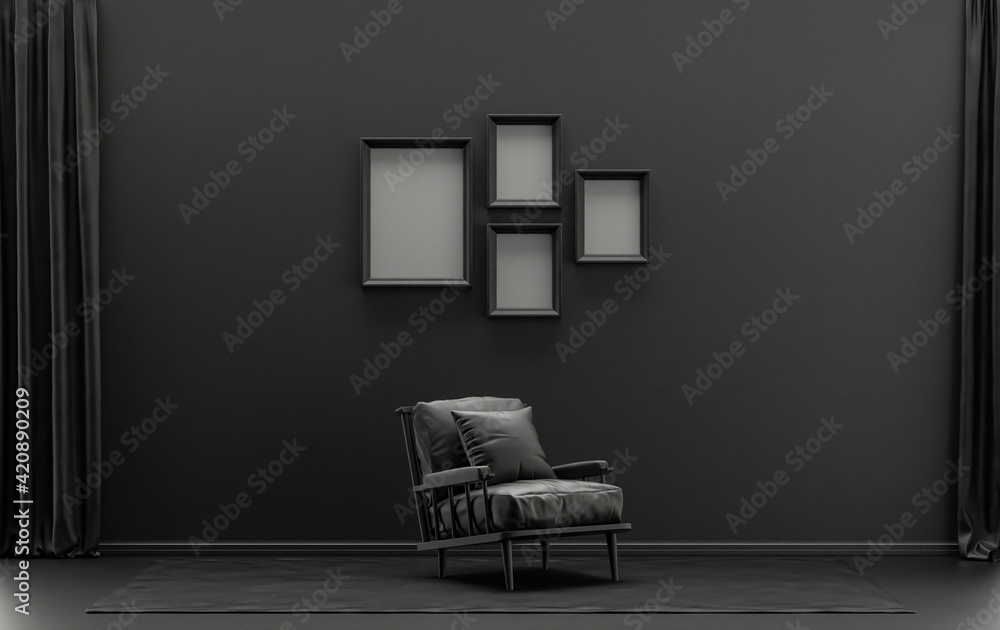 Interior room in plain monochrome black and dark gray color, 4 frames on the wall with single chair, without plant, for poster presentation, Gallery wall. 3D rendering Interior room in plain monochrome black and dark gray color, 4 frames on the wall with single chair, without plant, for poster presentation, Gallery wall. 3D rendering