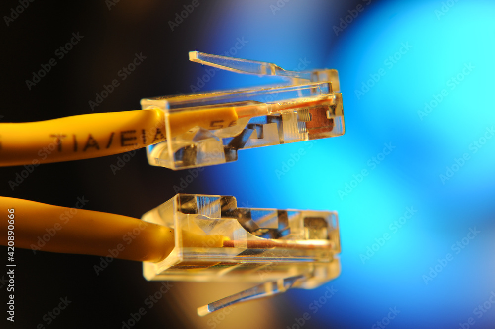 Yellow ethernet patch cable modular connectors with blue background Yellow ethernet patch cable modular connectors with blue background