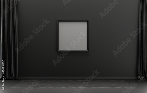 Single Frame Gallery Wall in black and dark gray color monochrome flat room without furniture and empty, 3d Rendering