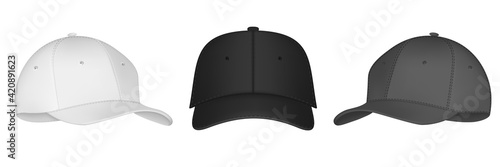 Vector baseball cap front and side view. Mockup isolated on transparent background. Uniform cap with front, back and right side view. Isolated vector illustrations set on white background.