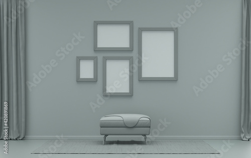 Interior room in plain monochrome ash gray color, 4 frames on the wall with middle ottoman puff without plants, for poster presentation, Gallery wall. 3D rendering