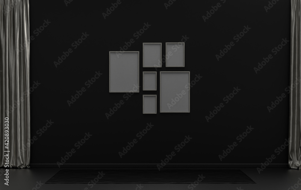 Obraz premium Mock-up poster gallery wall with six frames in solid pastel black background and metallic silver room without furniture and empty, 3d Rendering