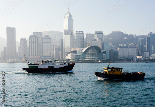 Boats in Hong Kong harbour, Avenue of Stars, Tsim Sha Tsui Waterfront, Hong Kong, China photo