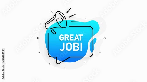 Great job of marketing design badge with loudspeaker blue color on white background. Motion graphic.