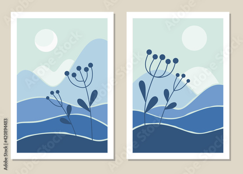 Art landscape wall set. Botanical. Abstract landscape design for covers, posters, prints, wall art in a minimalist style. Vector.