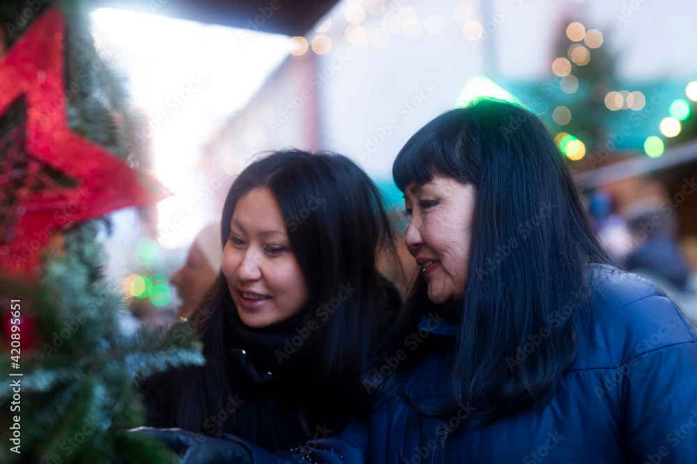 Mother and daughter window shopping at Christmas market, Freiburg, Baden-Wurttemberg, Germany Mother and daughter window shopping at Christmas market, Freiburg, Baden-Wurttemberg, Germany