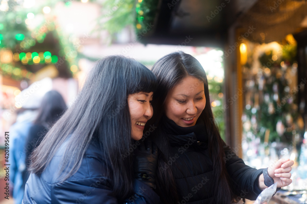 Mother and daughter window shopping at Christmas market, Freiburg, Baden-Wurttemberg, Germany Mother and daughter window shopping at Christmas market, Freiburg, Baden-Wurttemberg, Germany