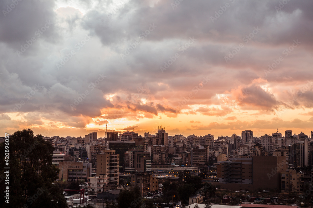 Skyline cityscape at sunset, elevated view, Beirut, Lebanon Skyline cityscape at sunset, elevated view, Beirut, Lebanon