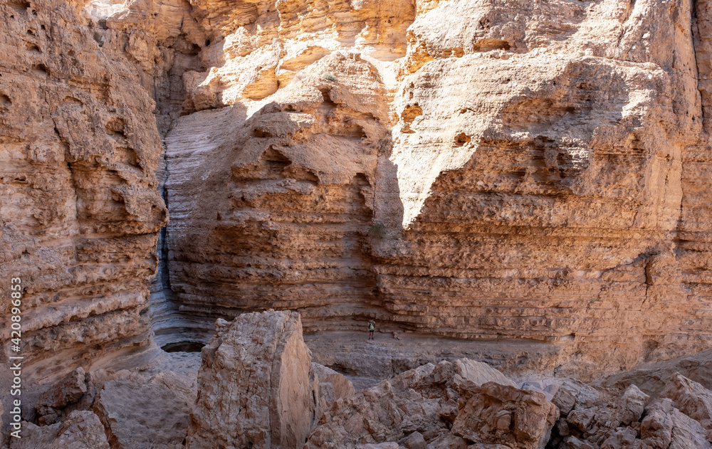 Female hiker on a hiking trail in a remote region of the nature reserve in the Negev Desert. Panoramic landscape of limestone mountains. High walls of a narrow canyon. Huge boulders.