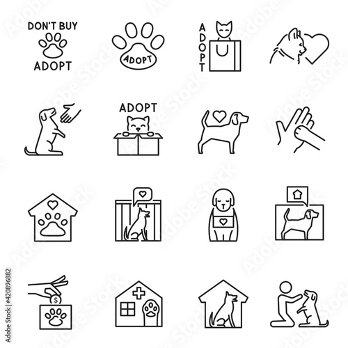 Collection of outline animal shelter icon vector illustration cat and dog help donation adoption