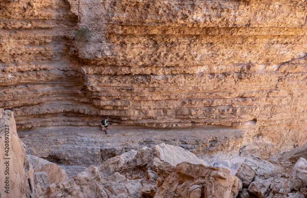 Fototapeta premium Female hiker on a hiking trail in a remote region of the nature reserve in the Negev Desert. Panoramic landscape of limestone mountains. High walls of a narrow canyon. Huge boulders.