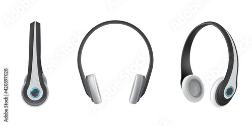 Set of realistic headphones vector flat illustration side general isometry view of modern earphones