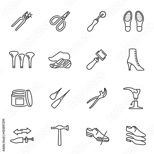 Collection monochrome shoe repair equipment linear icons vector repairing care accessories footwear