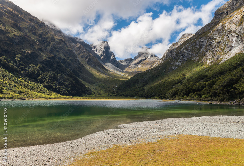 Lake Mackenzie with U-shaped glacial valley in Fiordland National Park, South Island, New Zealand