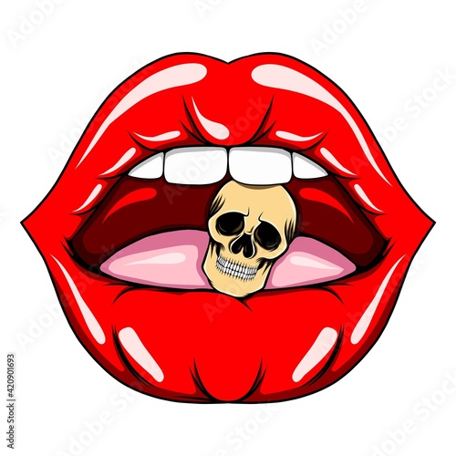 The hand drawn of the sexy lips biting the head skull